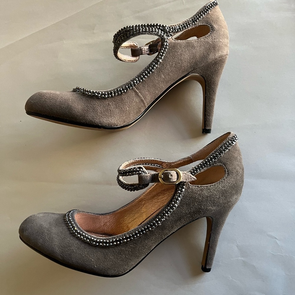 Anthropologie Miss Albright Taupe/Gray Mary Jane Suede embellished Stilleto sz 9 - Picture 5 of 11